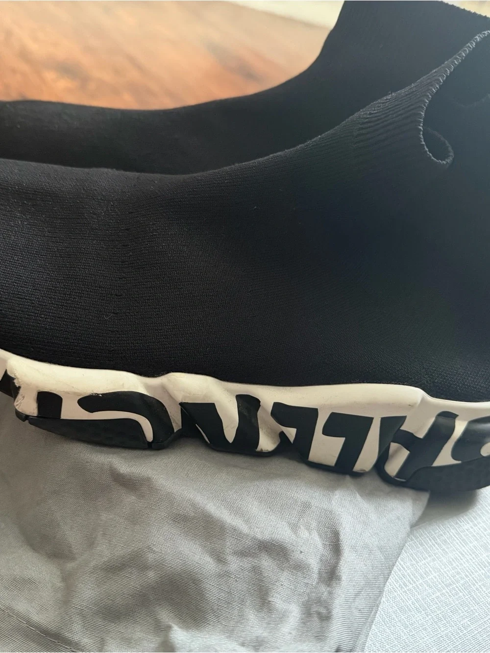 Balenciaga Black Sock Sneaker with White Lettered Sole